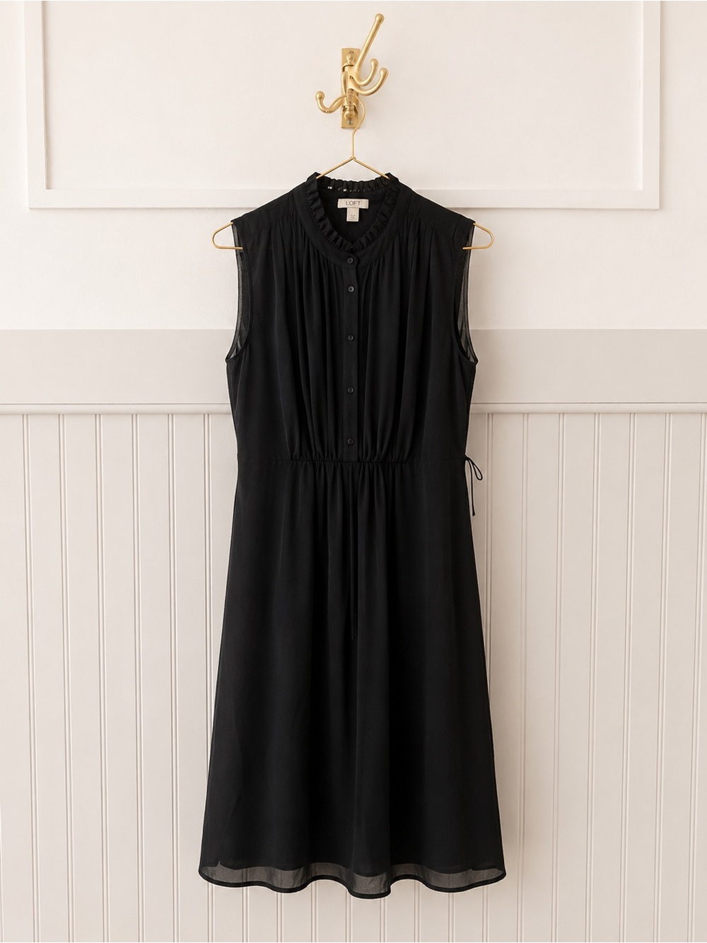 LOFT Black Sleeveless Ruffle-Neck Midi Dress